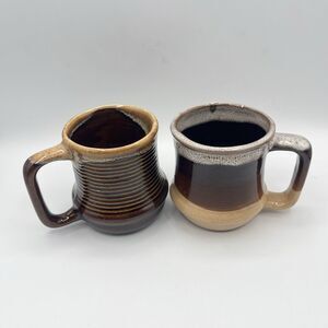 Set of 2 Mid Century Coffee Mugs Handcrafted Brown Rustic Earth Tones Taiwan